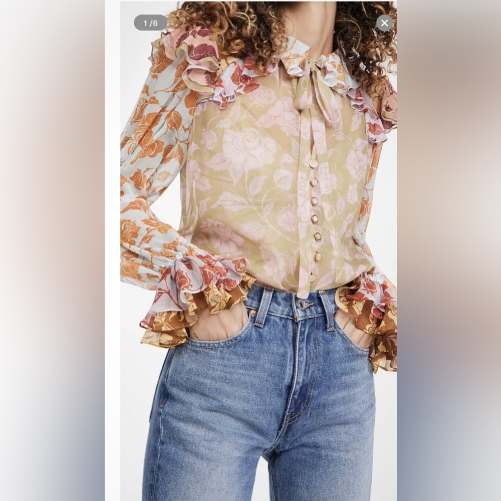 Zimmermann The Lovestruck Ruffle Silk  Shirt  Floral Roses Sheer blouse size 1 - Picture 6 of 12